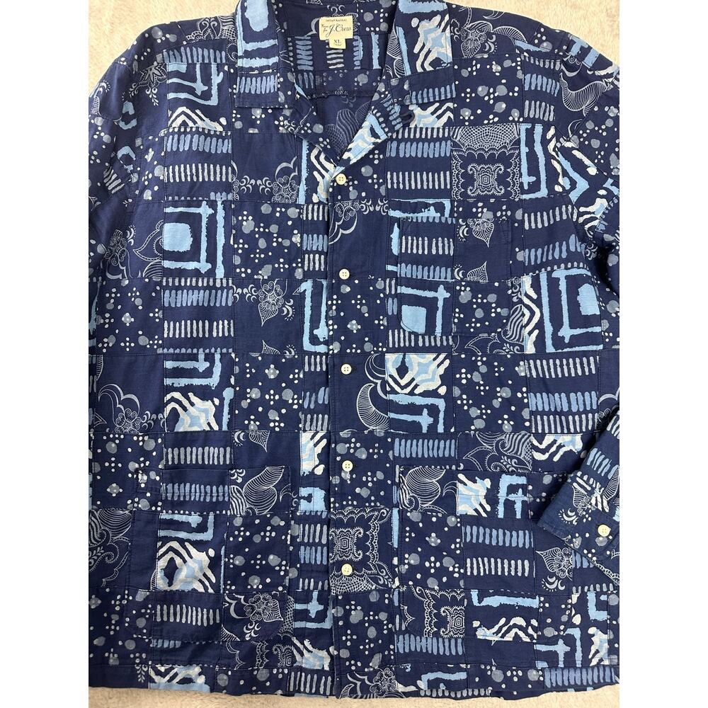 J.Crew Blue Indigo-dyed Indian Madras Patchwork Camp Loop Collar Shirt Men's XL - Picture 4 of 11